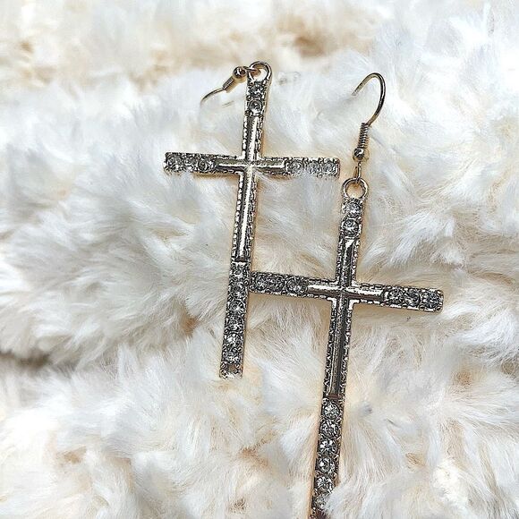 Cross Earrings l Rhinestone on Gold l Hoop l New - Picture 6 of 6